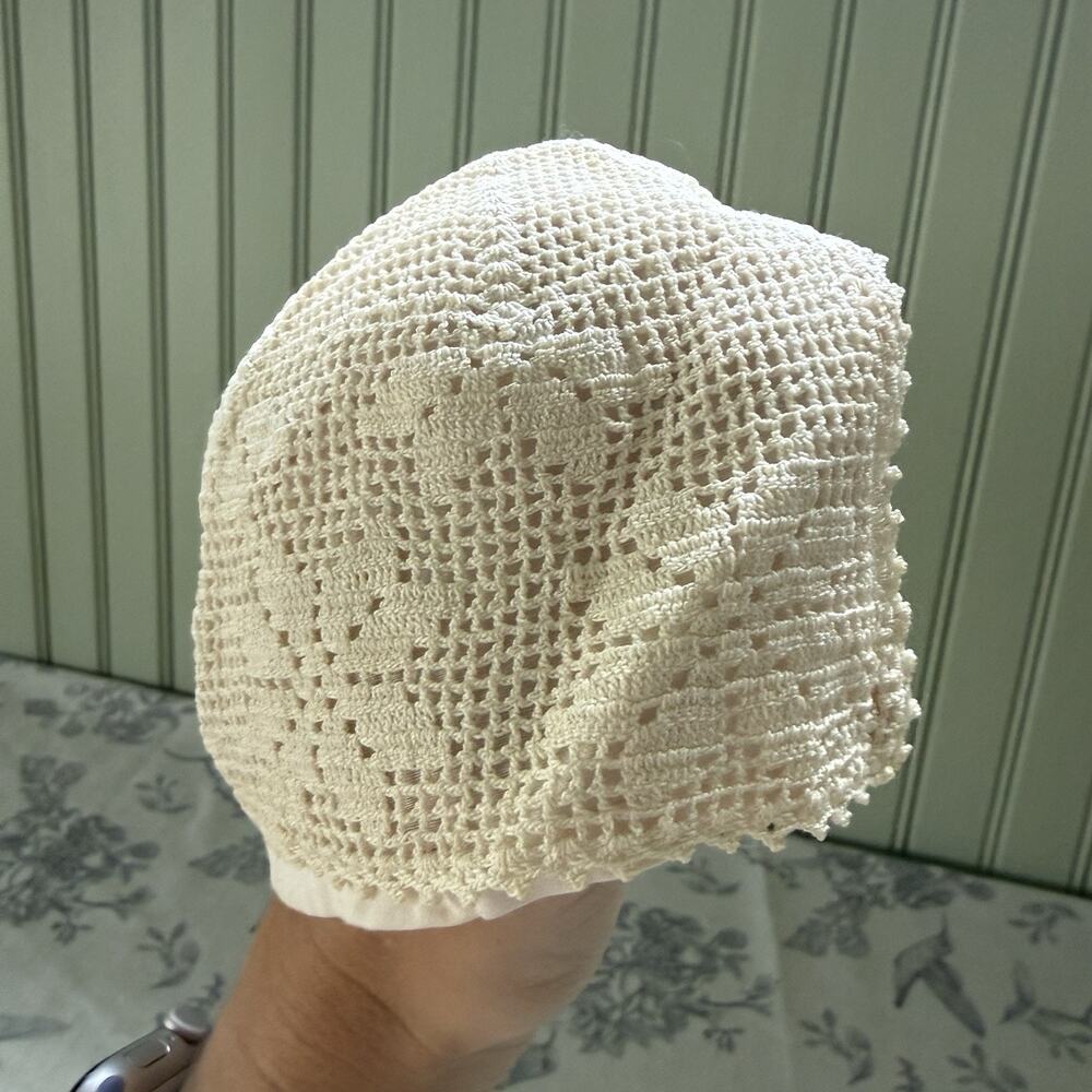Antique Hand Crochet Baby Bonnet Lined Edwardian Floral Rose Vintage Heirloom